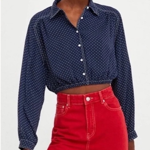 Zara Premium Denim Collection Navy Polka Dot Crop Long Sleeve Blouse Size Small - Picture 5 of 12